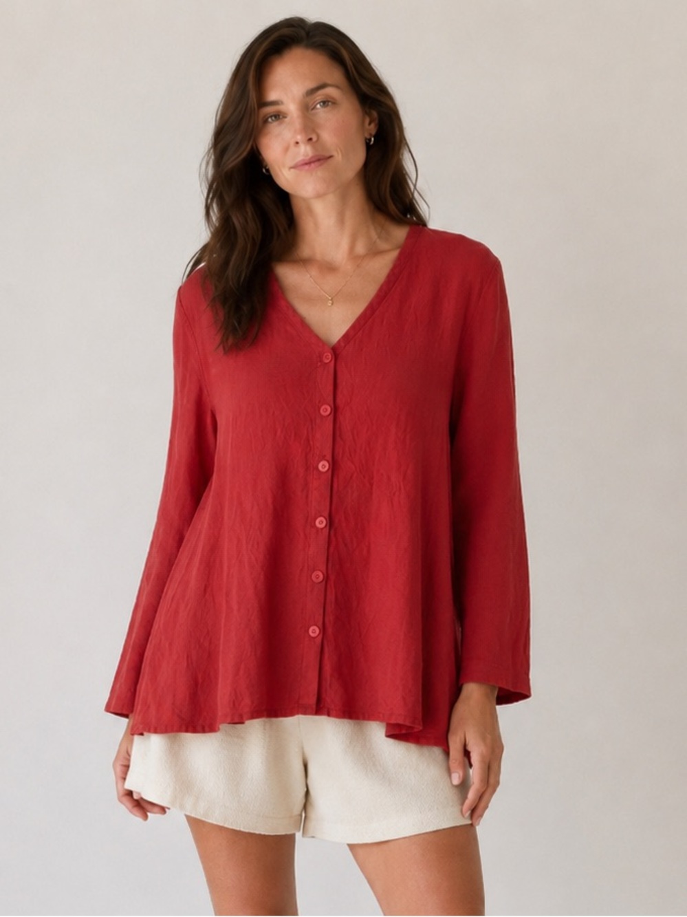 FLAX 100% Linen Button Front Tunic Petite P Red Lagenlook Made in Lithuania